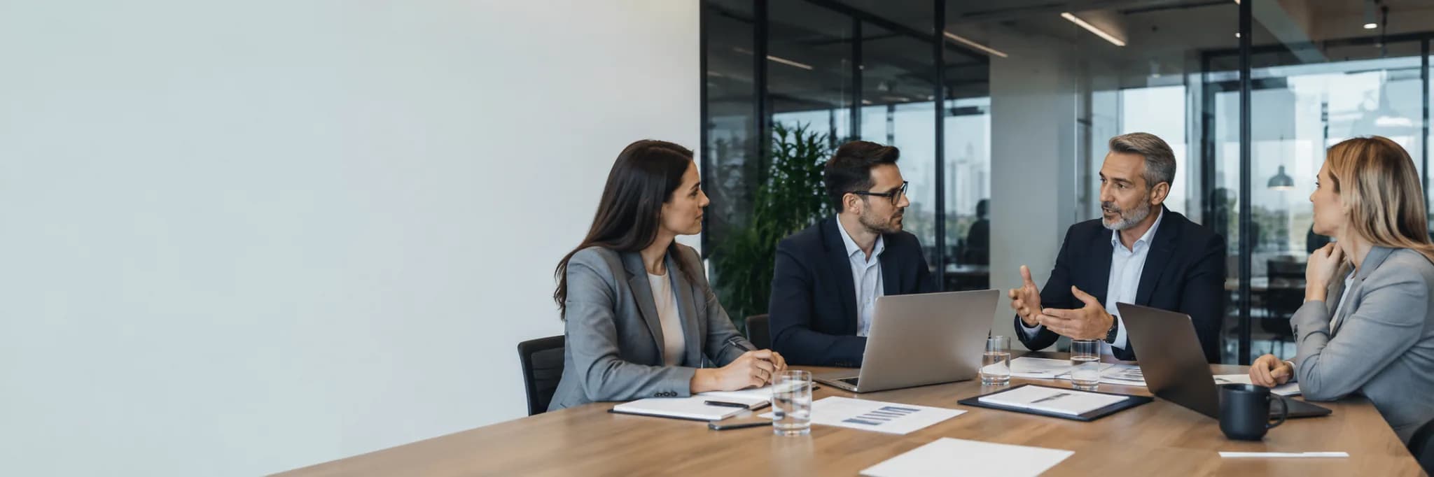 Equipe corporativa reunida usando notebooks em uma sala de reunião